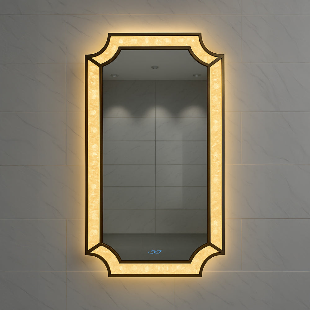 Regalia Majestic LED mirror showing antique copper ice-crackle frame and tricolour lighting detail.
