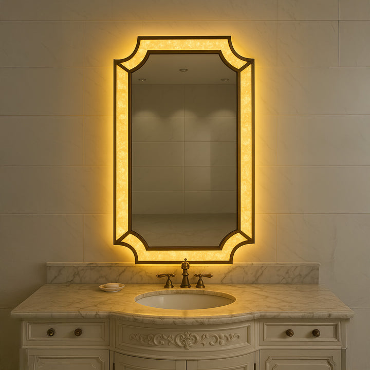 Regalia Majestic rectangular tricolour LED mirror with antique copper frame installed in a bathroom.