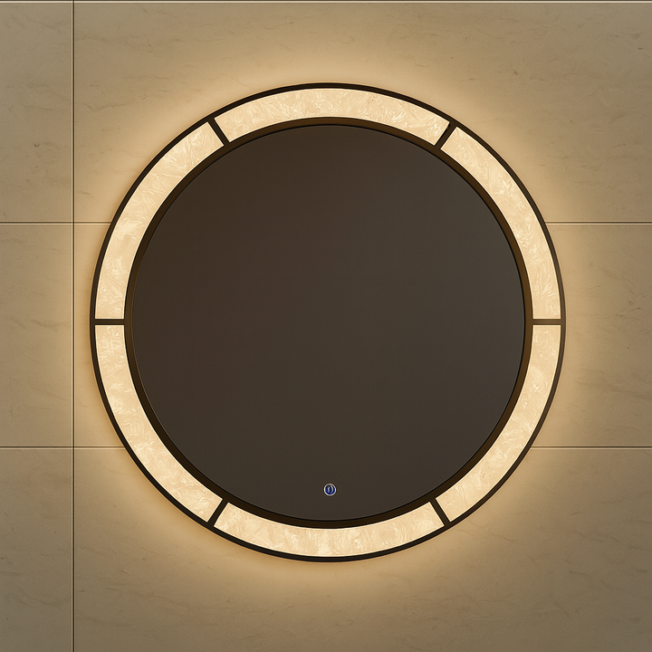 Regalia Royale LED mirror showing antique copper crackle frame and tricolour lighting detail.