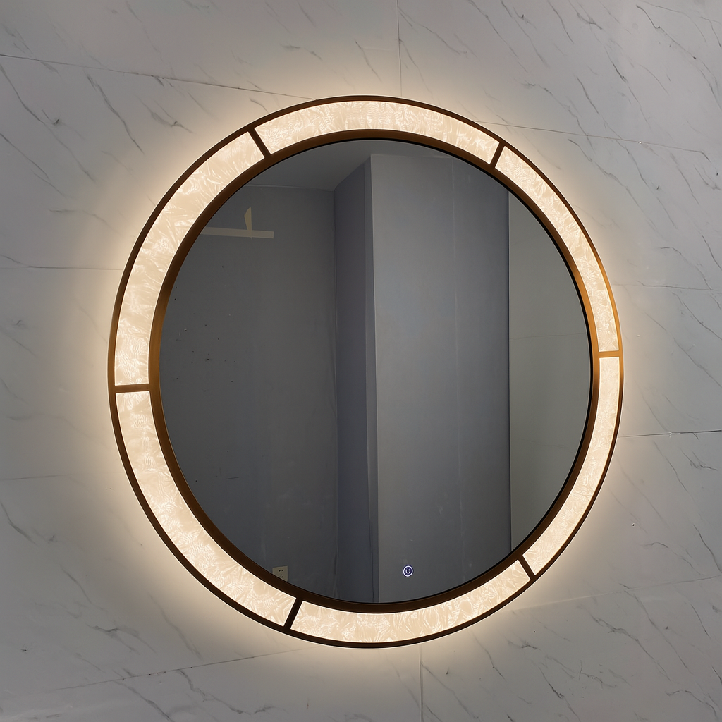 Regalia Royale round LED mirror with tricolour lighting, anti-fog function and touch controls.