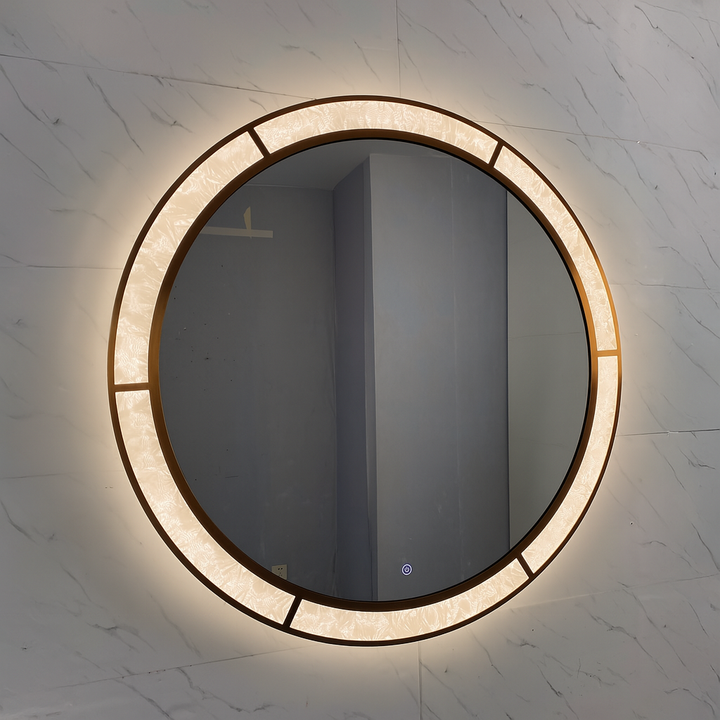 Regalia Royale round LED mirror with tricolour lighting, anti-fog function and touch controls.