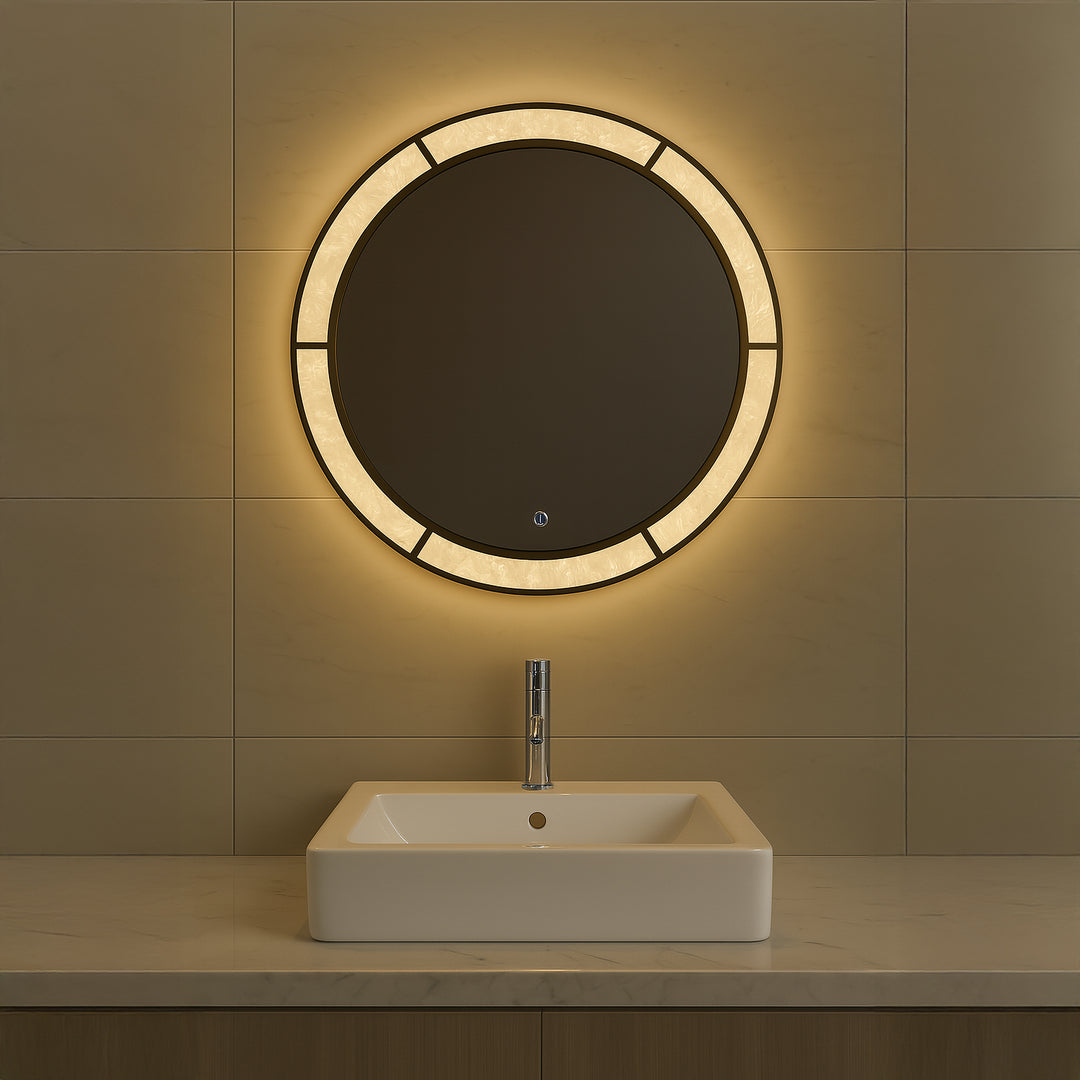 Regalia Royale round tricolour LED mirror installed in a bathroom with warm front-lit illumination.
