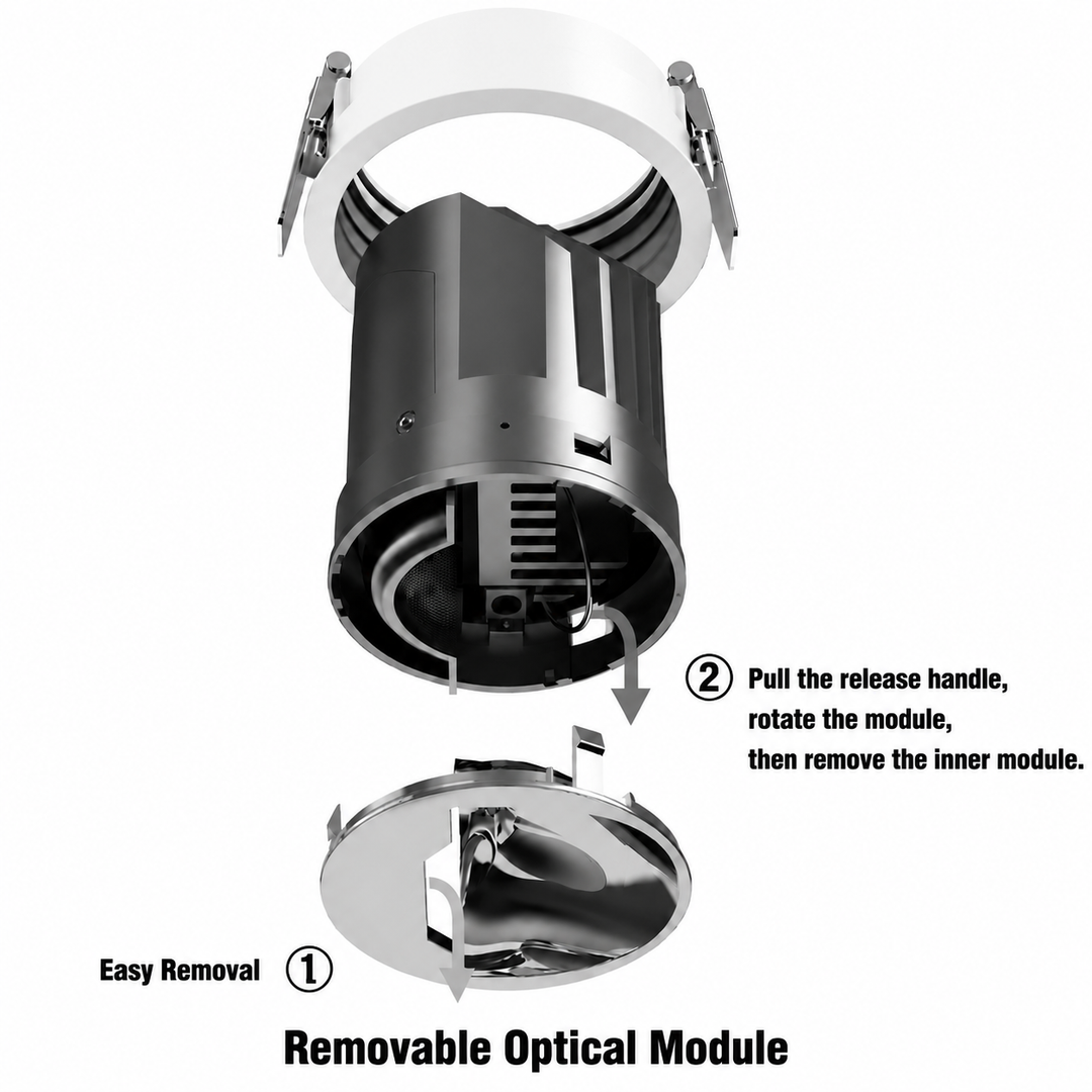 Removable optical module for an architectural wall washer downlight, designed for fast maintenance and easy replacement without removing the fixture.