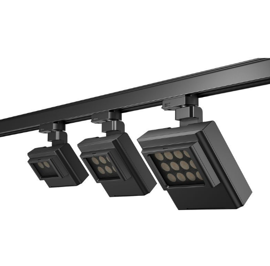 Square retail track lights installed on track for commercial display lighting
