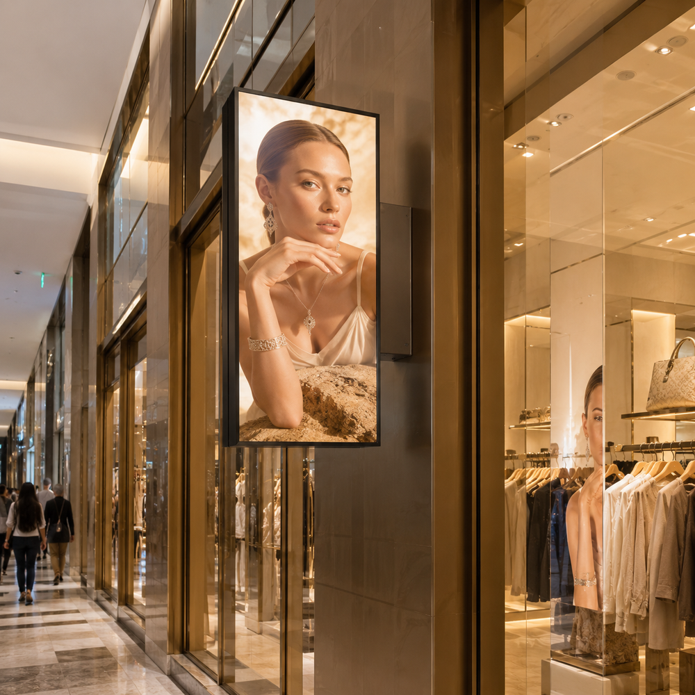 Double-sided LED display installed at a luxury retail storefront for advertising and brand promotion