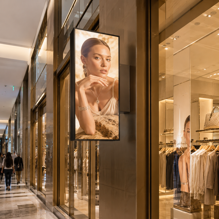 Double-sided LED display installed at a luxury retail storefront for advertising and brand promotion