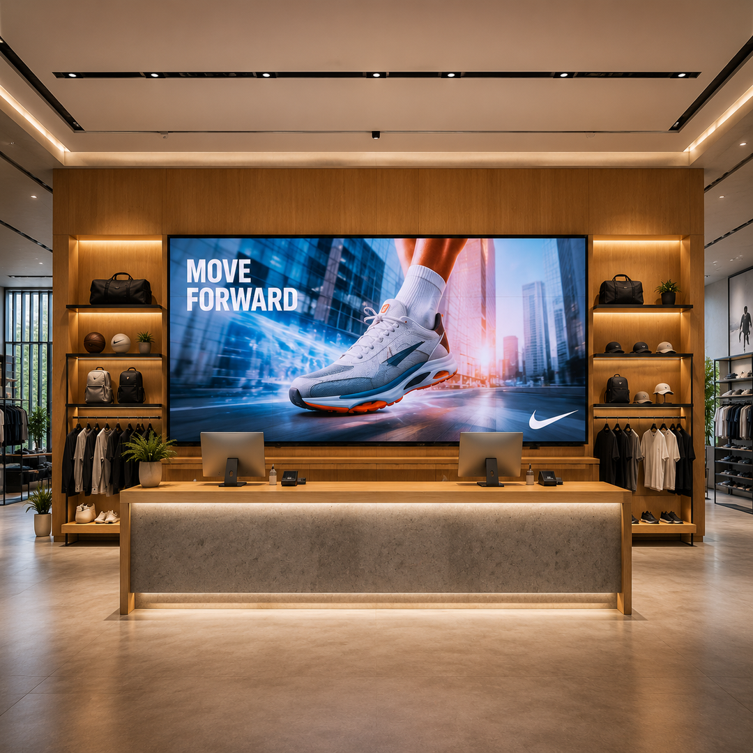 Retail LED video wall installed inside a premium sports and lifestyle retail store