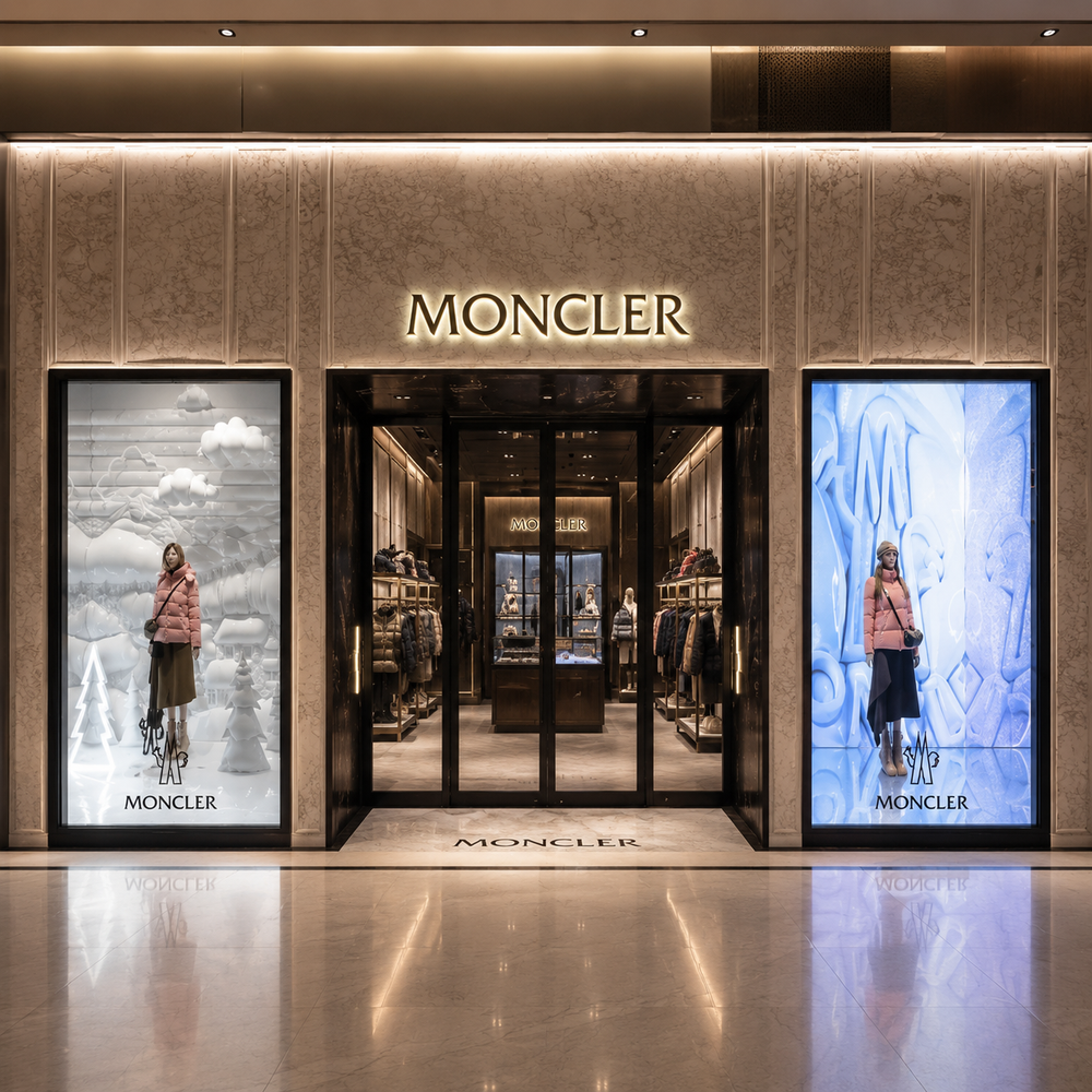Retail LED display screens installed at a luxury brand store entrance in a shopping centre