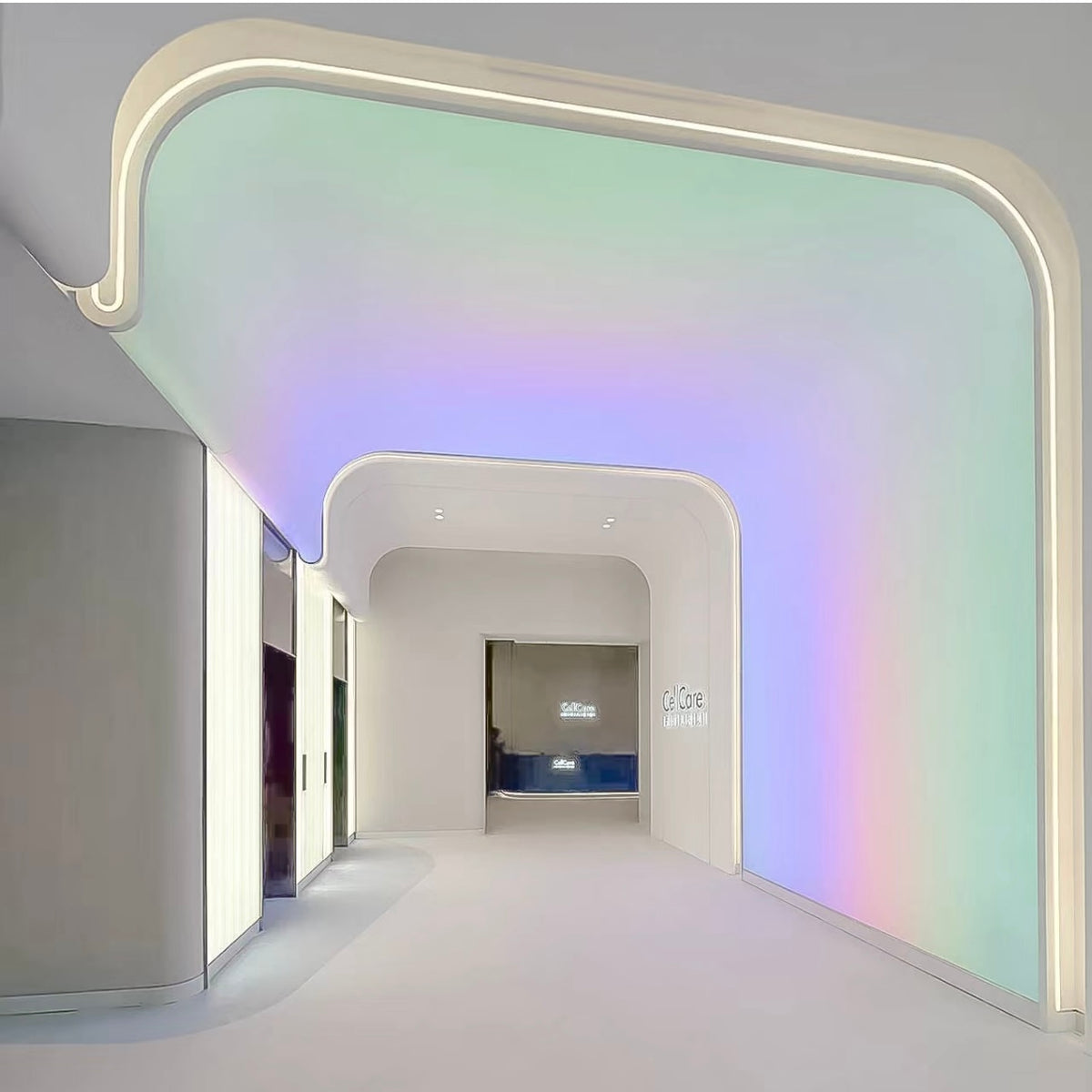 RGB LED stretch ceiling panel creating an arched immersive portal with smooth colour-changing illumination.