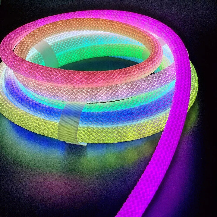 Flexible RGB neon rope light showing woven exterior and smooth 360 degree light output