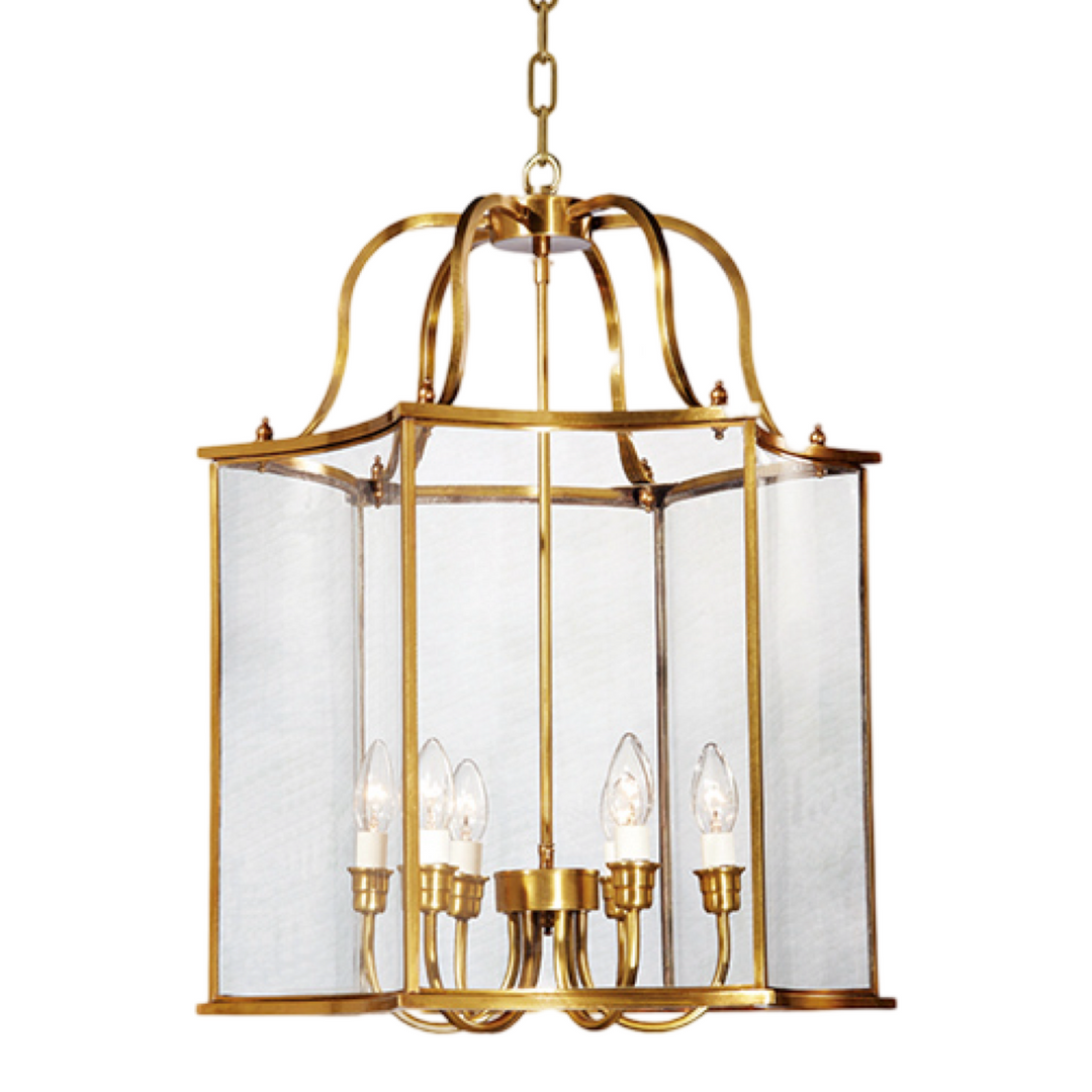 Rococo brass pendant lamp with clear glass panels and classic sculpted frame.
