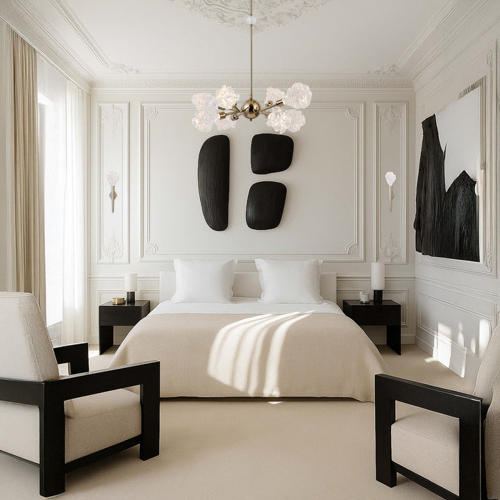 Luxury bedroom interior featuring the Rosetta Bloom wall sconce with hand-crafted glass rose shade, elegant ambient wall lighting
