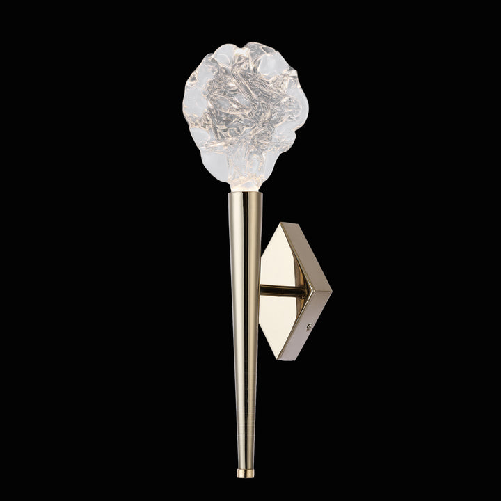 Rosetta Bloom wall sconce featuring sculptural clear glass rose shade and nickel arm, modern designer wall light for bedrooms and hallways