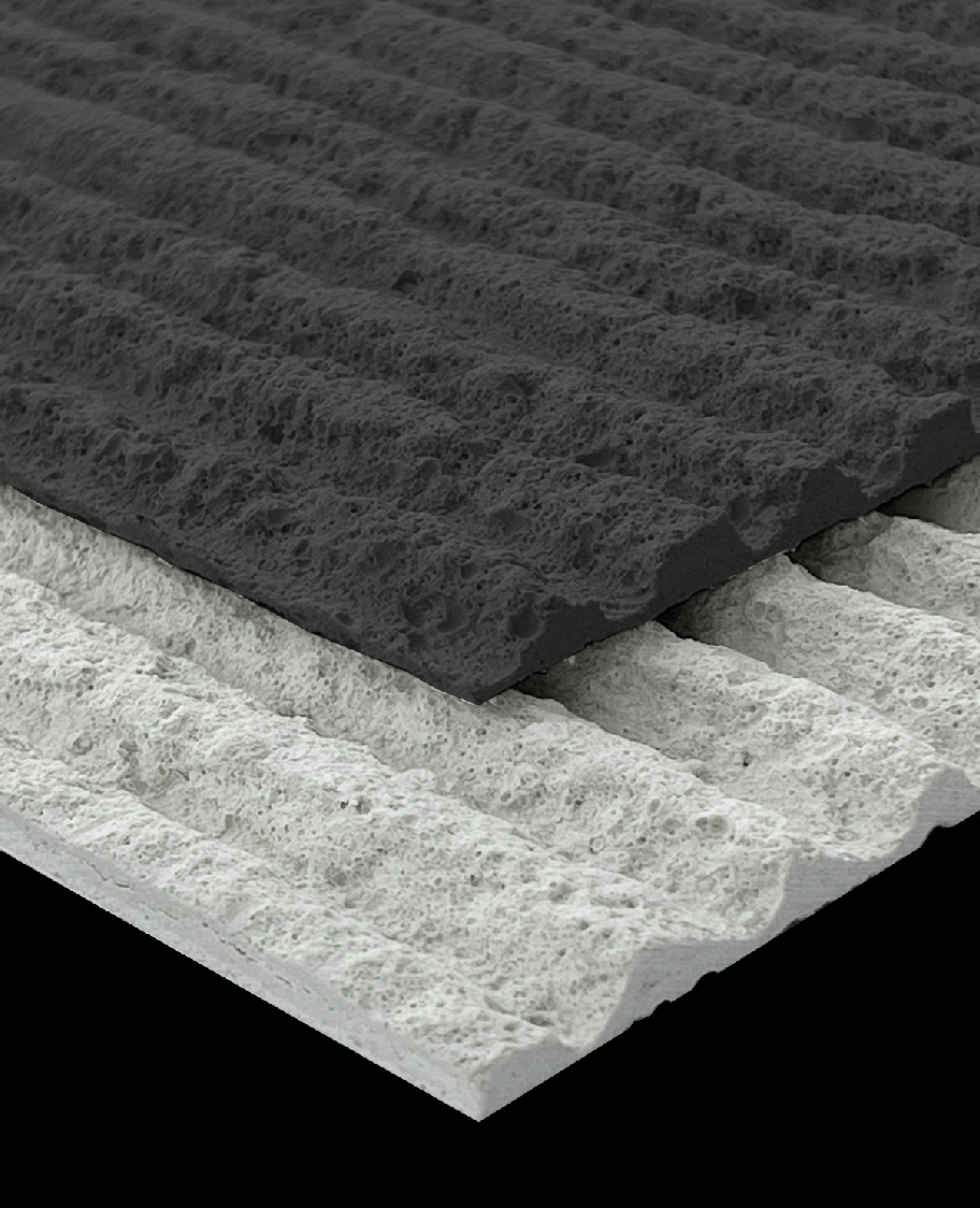 Layered structure detail of round line stone wall panels showing material composition.