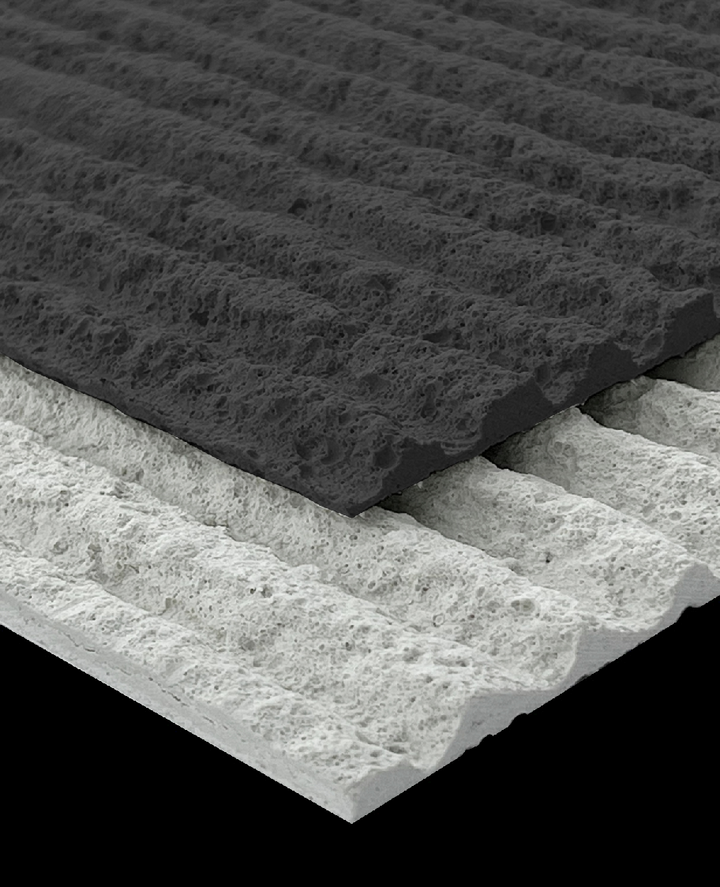 Layered structure detail of round line stone wall panels showing material composition.