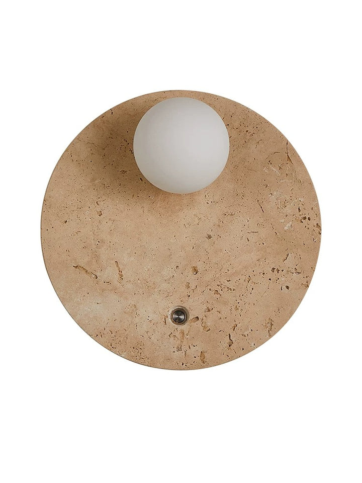 round 250mm travertine wall lamp shown on a white background highlighting its natural stone texture and LED wall light design