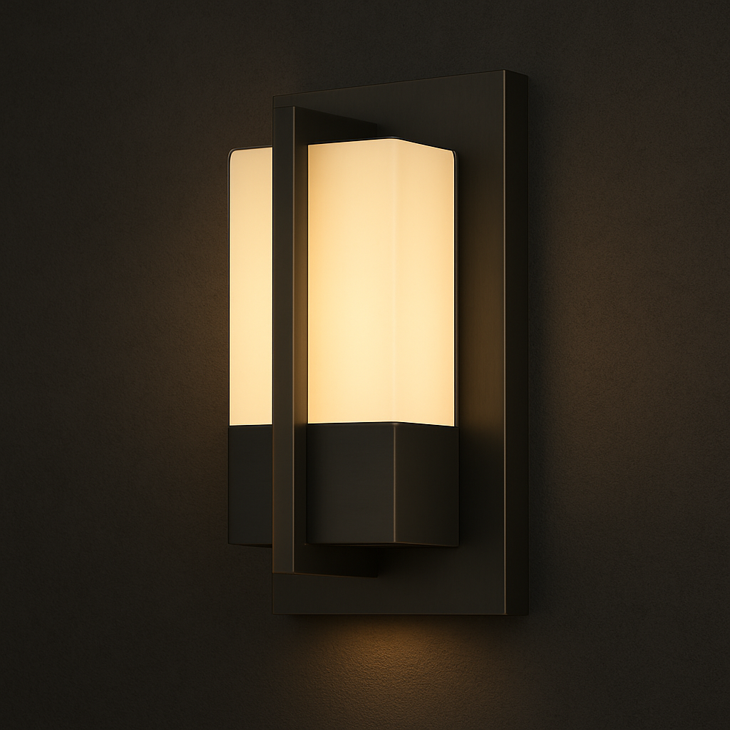 Sable brass outdoor wall light with a layered geometric lantern design and a warm faux alabaster diffuser in a matte black brass frame.