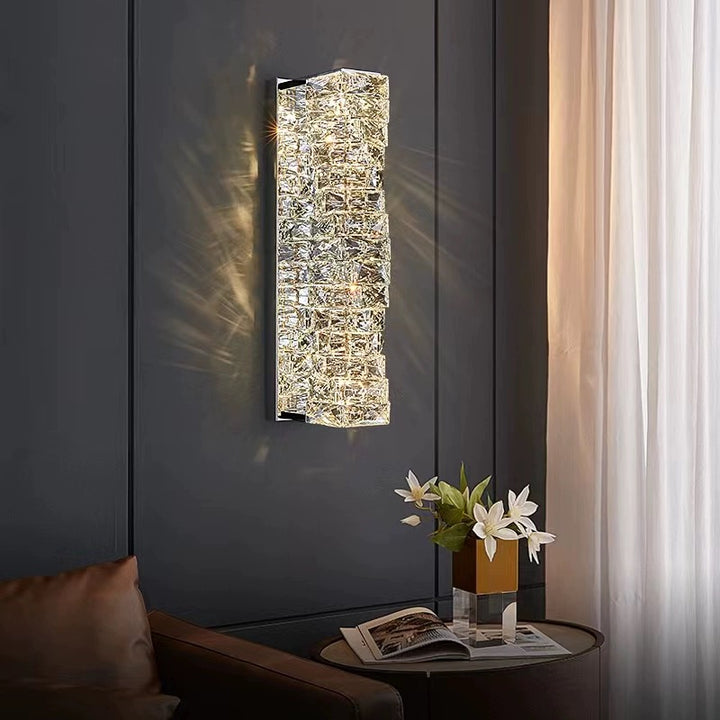 Savoy Wall Lamp 460 crystal wall light in a modern bedroom interior, featuring stainless steel frame and radiant K9 crystal for luxury ambient lighting in Australian homes