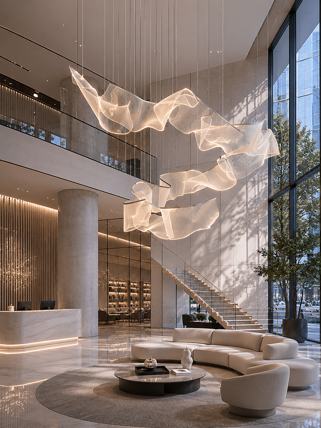 Sculptural optical acrylic flow-form pendant light suspended in a double-height commercial lobby with reception desk, curved sofa seating and floor-to-ceiling glazing, Silken Flow Custom Pendant by Lucretia