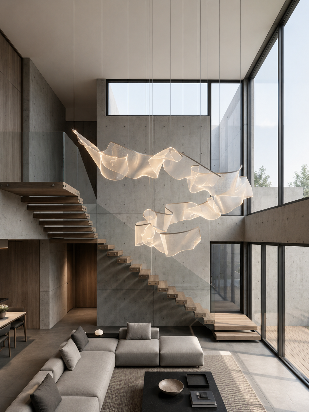 Sculptural acrylic pendant light installed in a modern double-height stair void interior