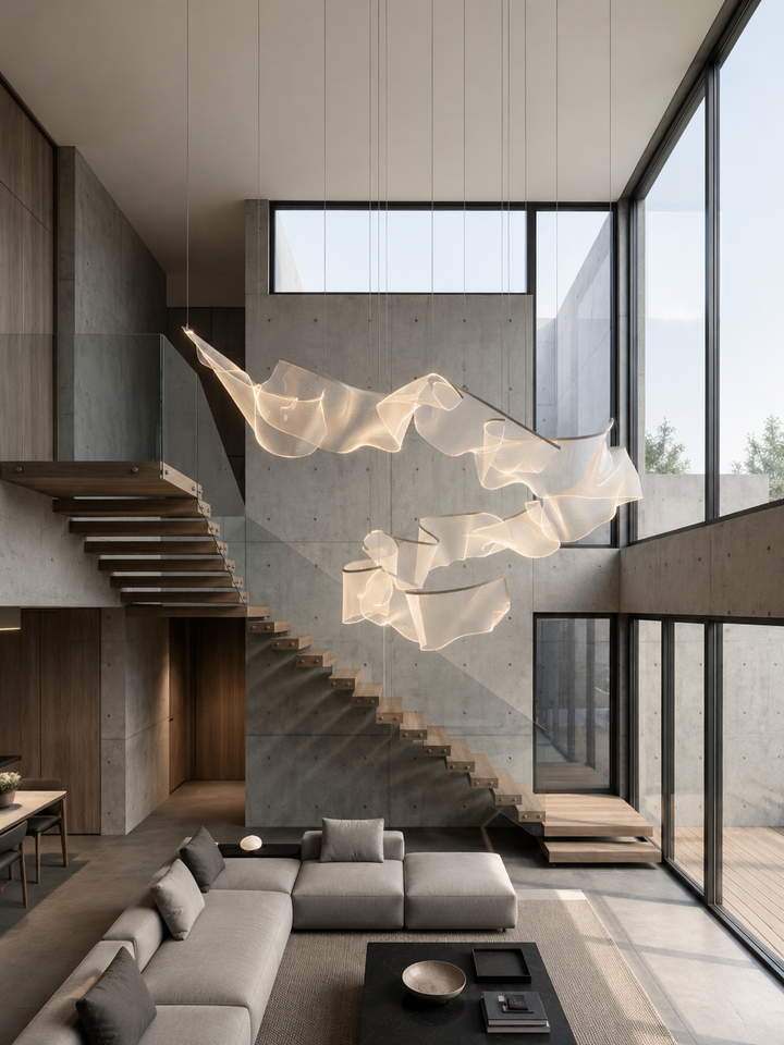 Sculptural acrylic pendant light installed in a modern double-height stair void interior