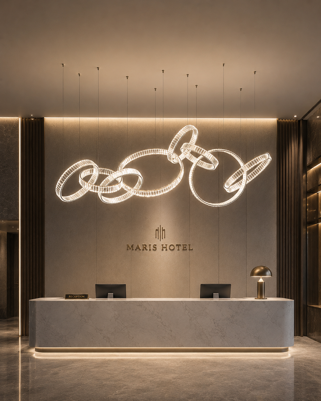 Sculptural crystal ring horizontal pendant above a boutique hotel lobby reception desk with warm grey panelled wall and gold accent detail, Pharaoh Horizontal Custom Pendant by Lucretia