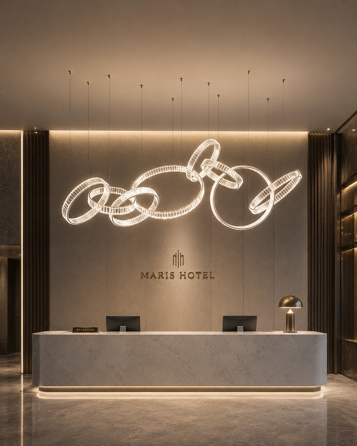 Sculptural crystal ring horizontal pendant above a boutique hotel lobby reception desk with warm grey panelled wall and gold accent detail, Pharaoh Horizontal Custom Pendant by Lucretia