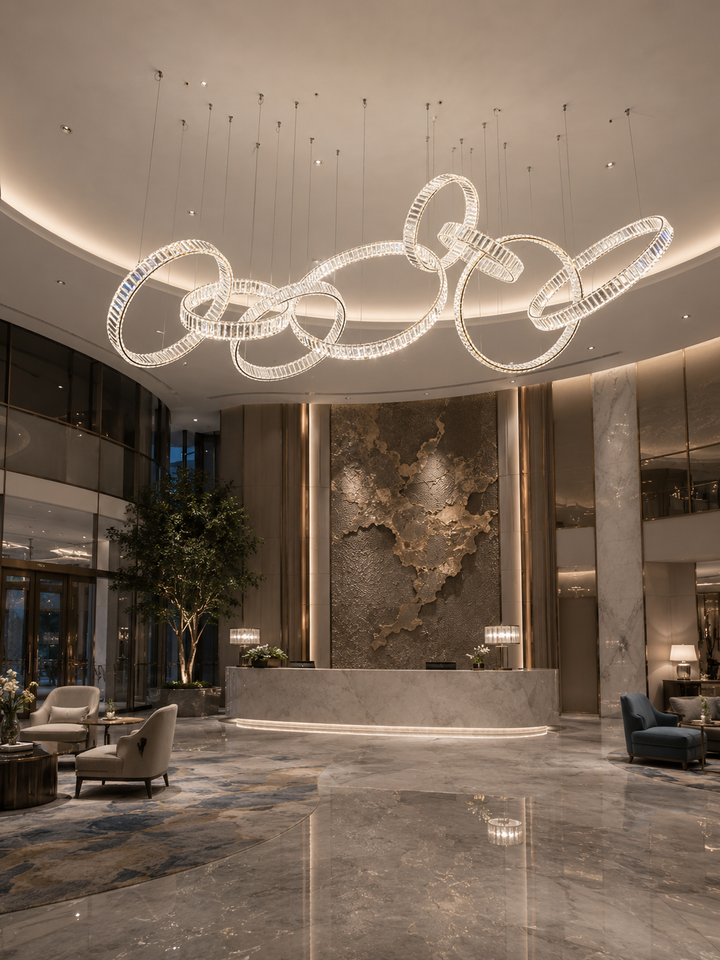 Sculptural crystal ring horizontal pendant in a luxury hotel lobby with circular ceiling, marble flooring, reception desk and decorative stone art wall, Pharaoh Horizontal Custom Pendant by Lucretia