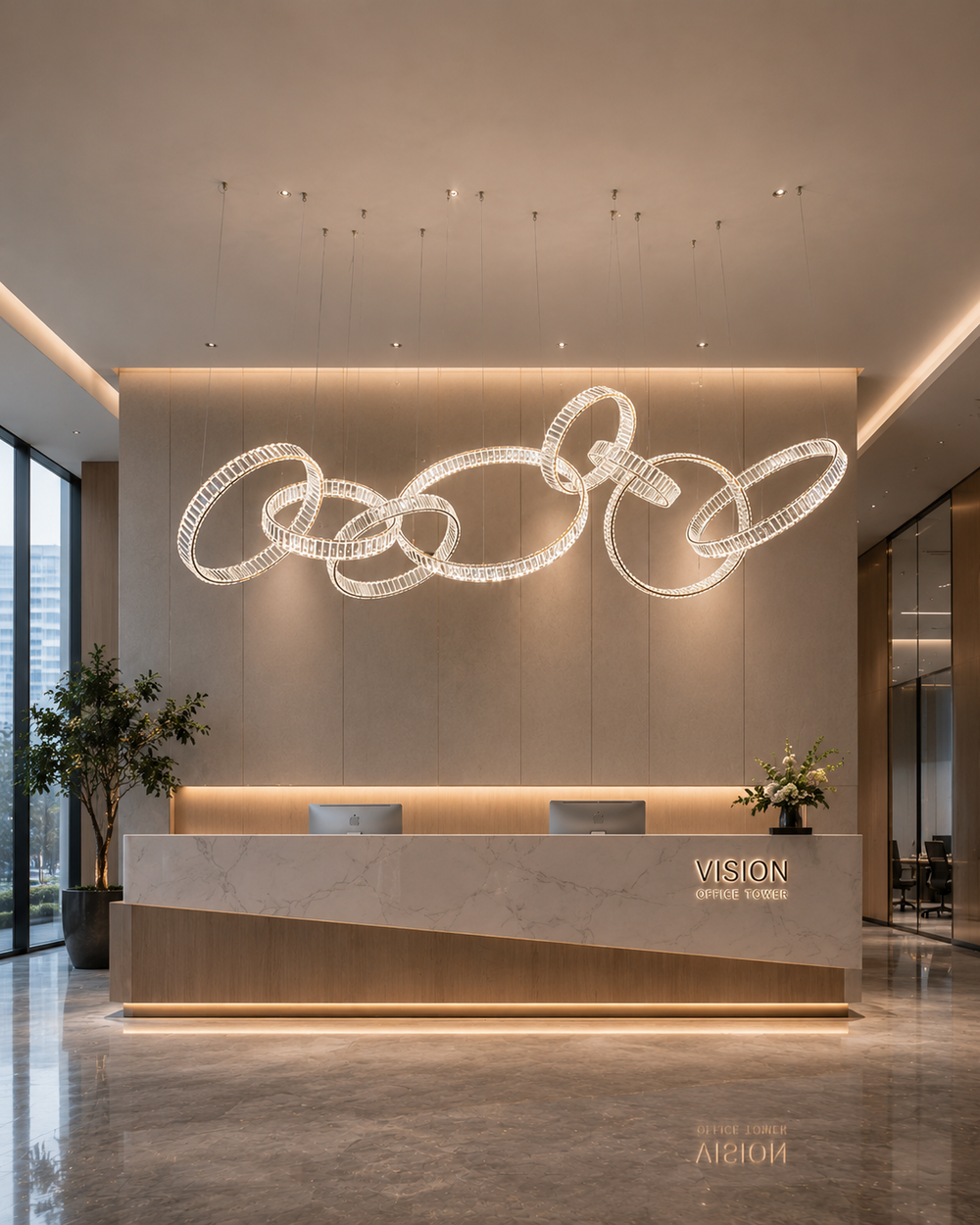 Sculptural crystal ring horizontal pendant above a modern office tower lobby reception desk with warm backlit wall and marble flooring, Pharaoh Horizontal Custom Pendant by Lucretia