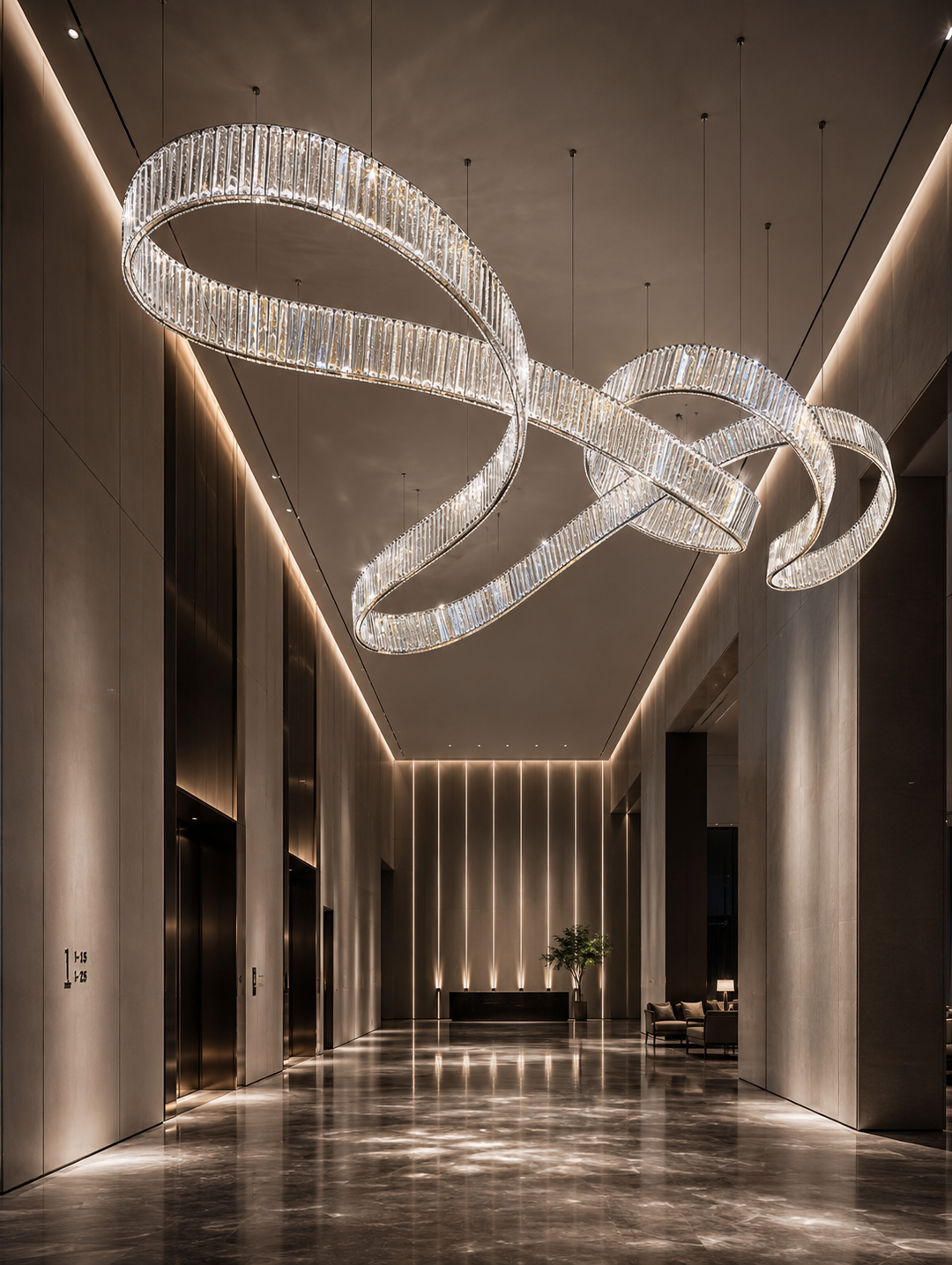 Dual sculptural crystal ring pendant lights installed in a grand hotel lobby lift lobby with warm backlit wall panels and marble flooring, Pharaoh Infinity 3800 by Lucretia