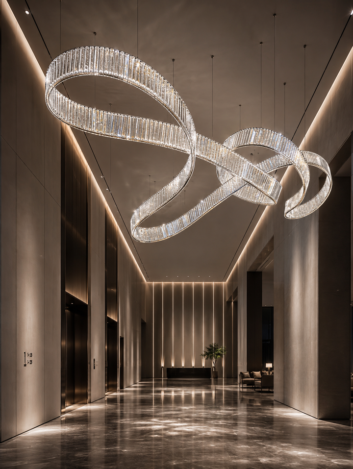 Dual sculptural crystal ring pendant lights installed in a grand hotel lobby lift lobby with warm backlit wall panels and marble flooring, Pharaoh Infinity 3800 by Lucretia