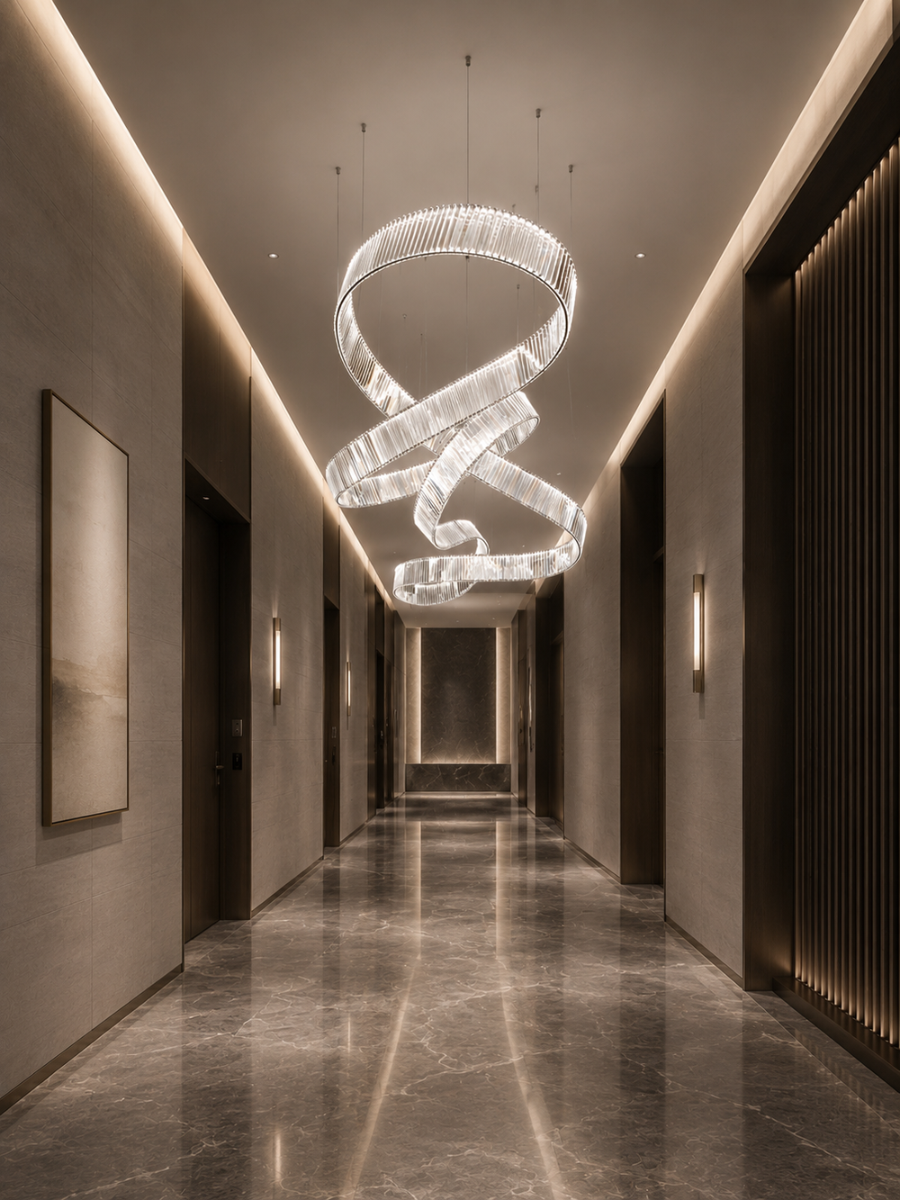 Sculptural crystal ring pendant light running along a luxury hotel corridor with marble flooring and warm ambient wall lighting, Pharaoh Infinity 3800 by Lucretia