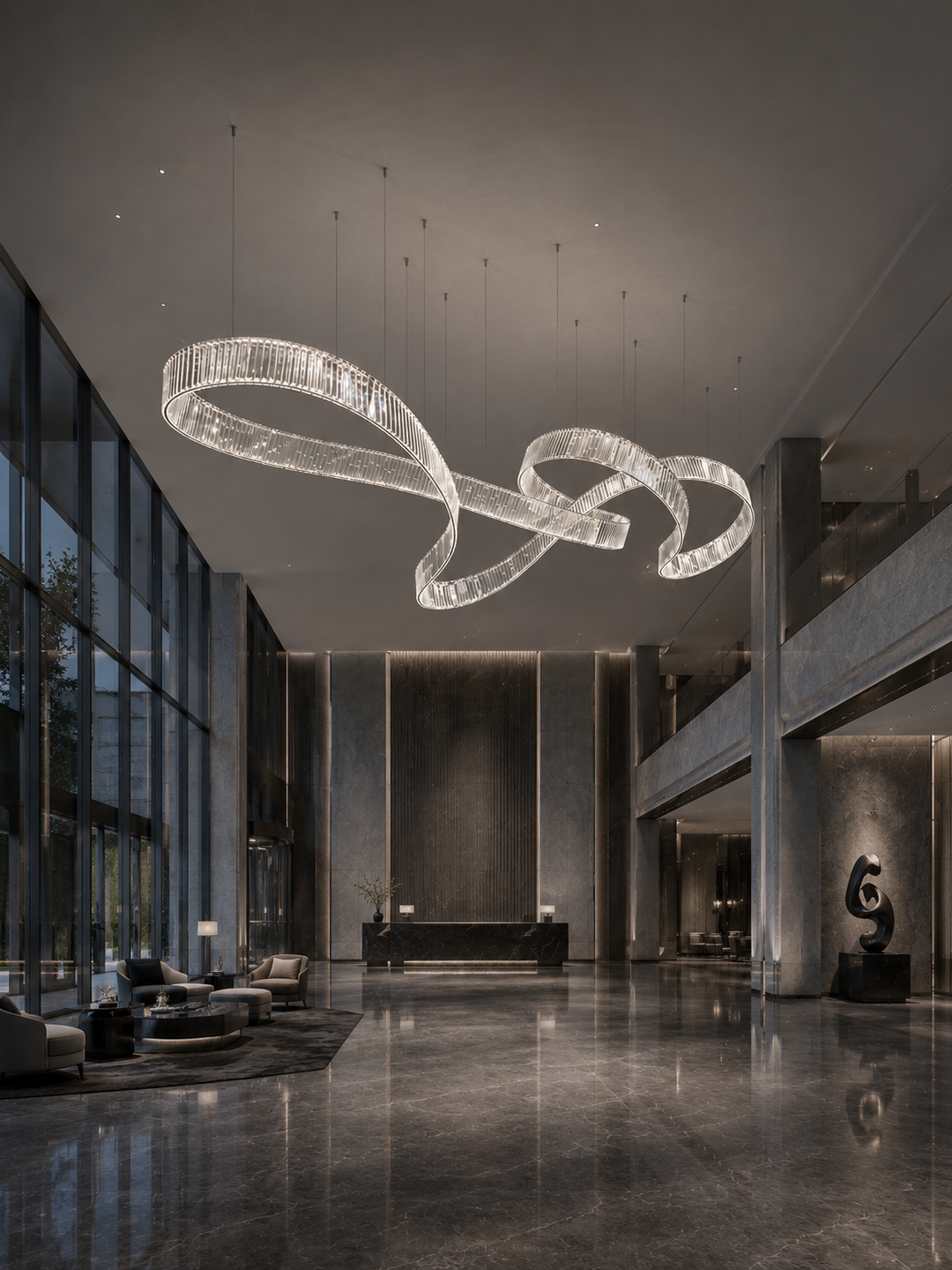 Sculptural crystal ring pendant light as a centrepiece in a modern hotel lobby with floor-to-ceiling glazing, reception desk and lounge seating, Pharaoh Infinity 3800 by Lucretia