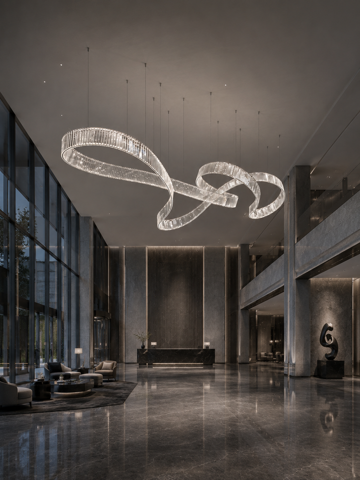Sculptural crystal ring pendant light as a centrepiece in a modern hotel lobby with floor-to-ceiling glazing, reception desk and lounge seating, Pharaoh Infinity 3800 by Lucretia