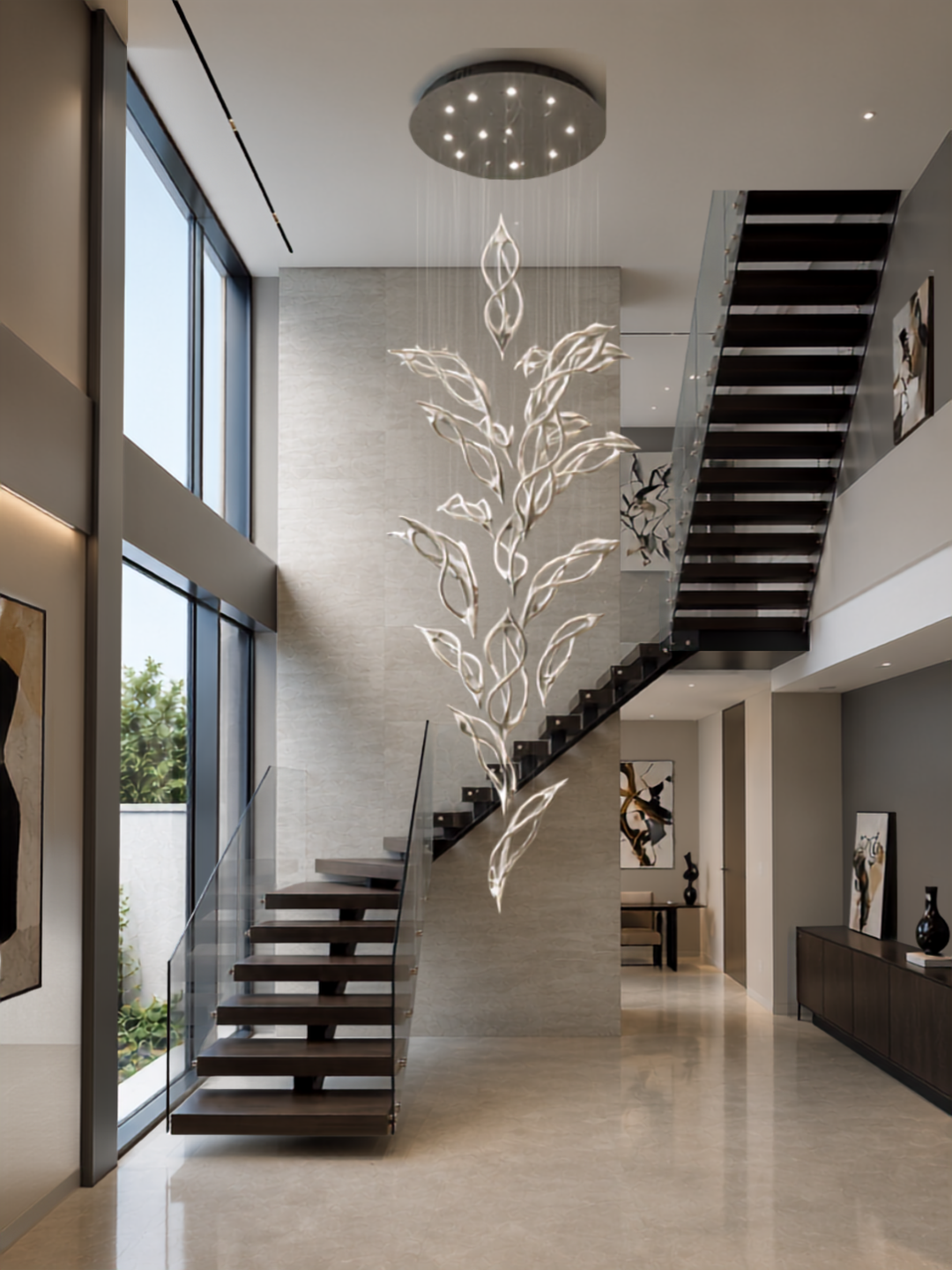 Flora Cascade sculptural pendant light installed in stair void with cascading leaf design