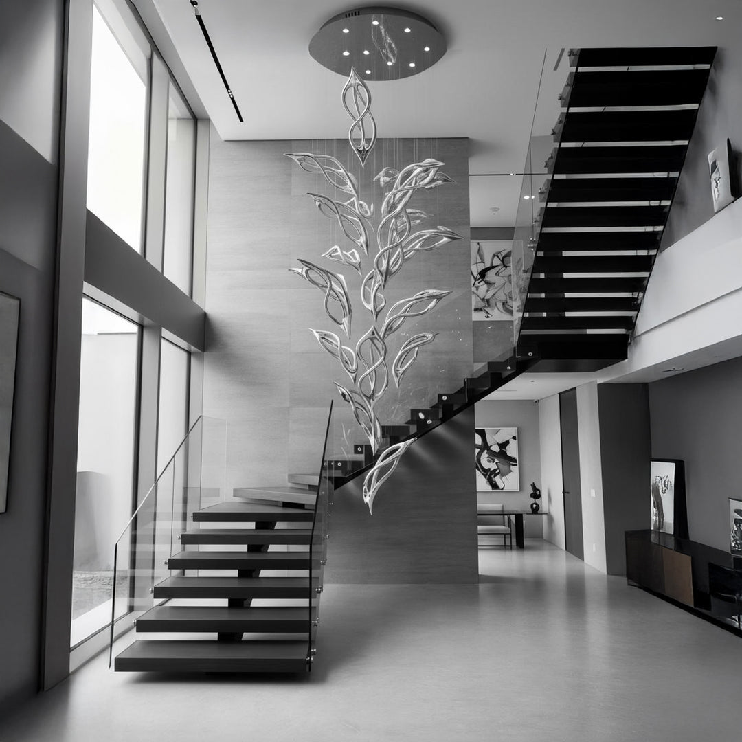 Flora Cascade sculptural pendant light installed in stair void with cascading leaf design