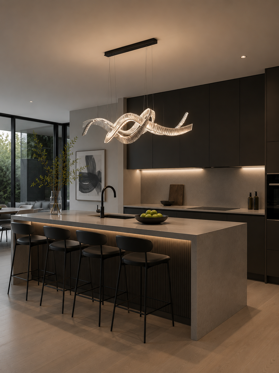 Sculptural wave-form crystal pendant light above a modern kitchen island with dark cabinetry and bar stools, Pharaoh Infinity 1850 Noir by Lucretia