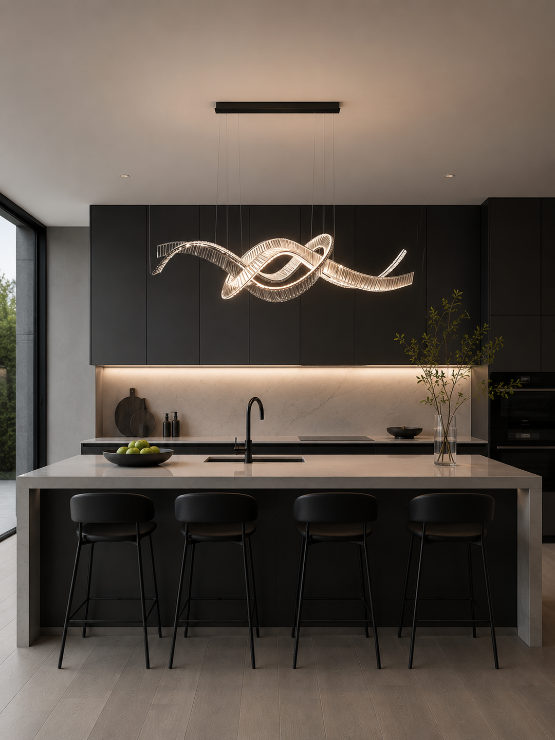 Sculptural wave-form crystal pendant light above a dark modern kitchen island with marble splashback and bar stools, front view, Pharaoh Infinity 1850 Noir by Lucretia