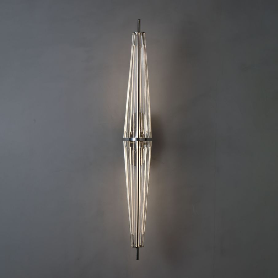 Selene Stretch Wall Lamp in brushed metal finish, modern vertical designer wall light providing soft ambient lighting for hallways, bedrooms, and contemporary interiors