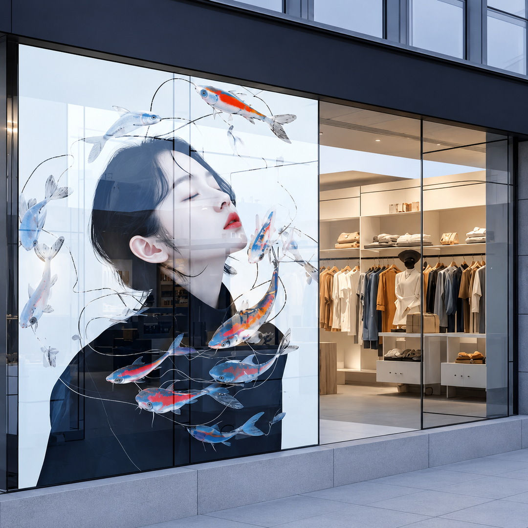Transparent LED Film for shopfront glass advertising and luxury retail window displays