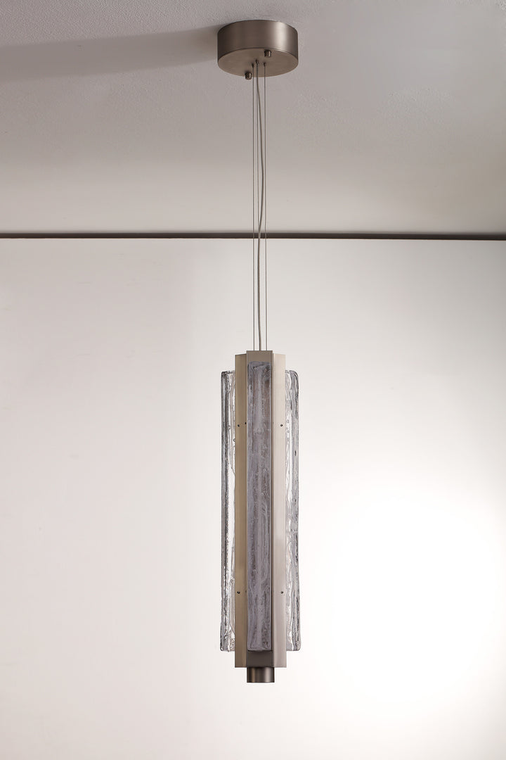 Single hand-blown glass pendant light in modern interior, Running Water trio ambient lighting