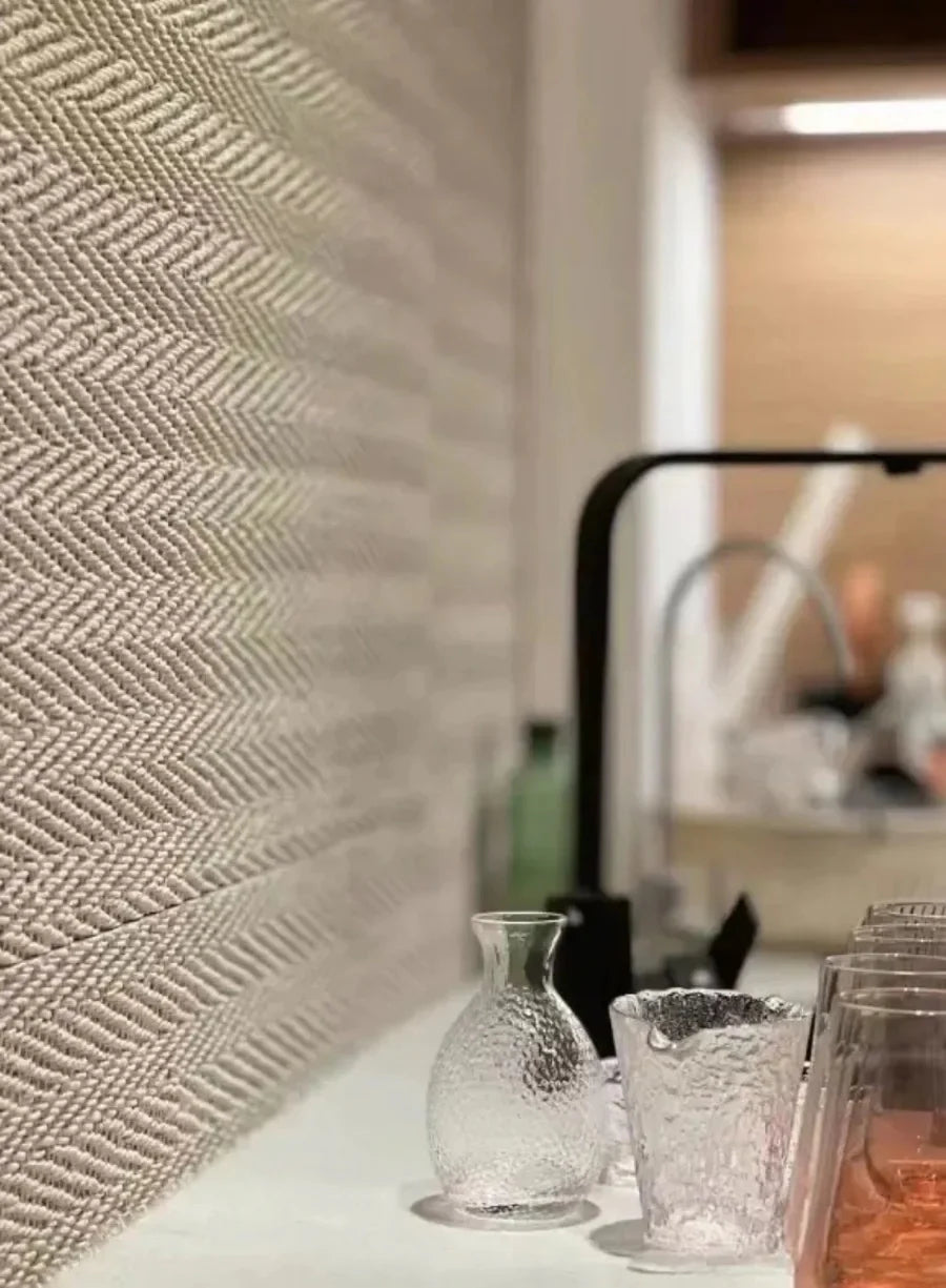 Soft Stone hemp weaved wall panels used as kitchen wall cladding