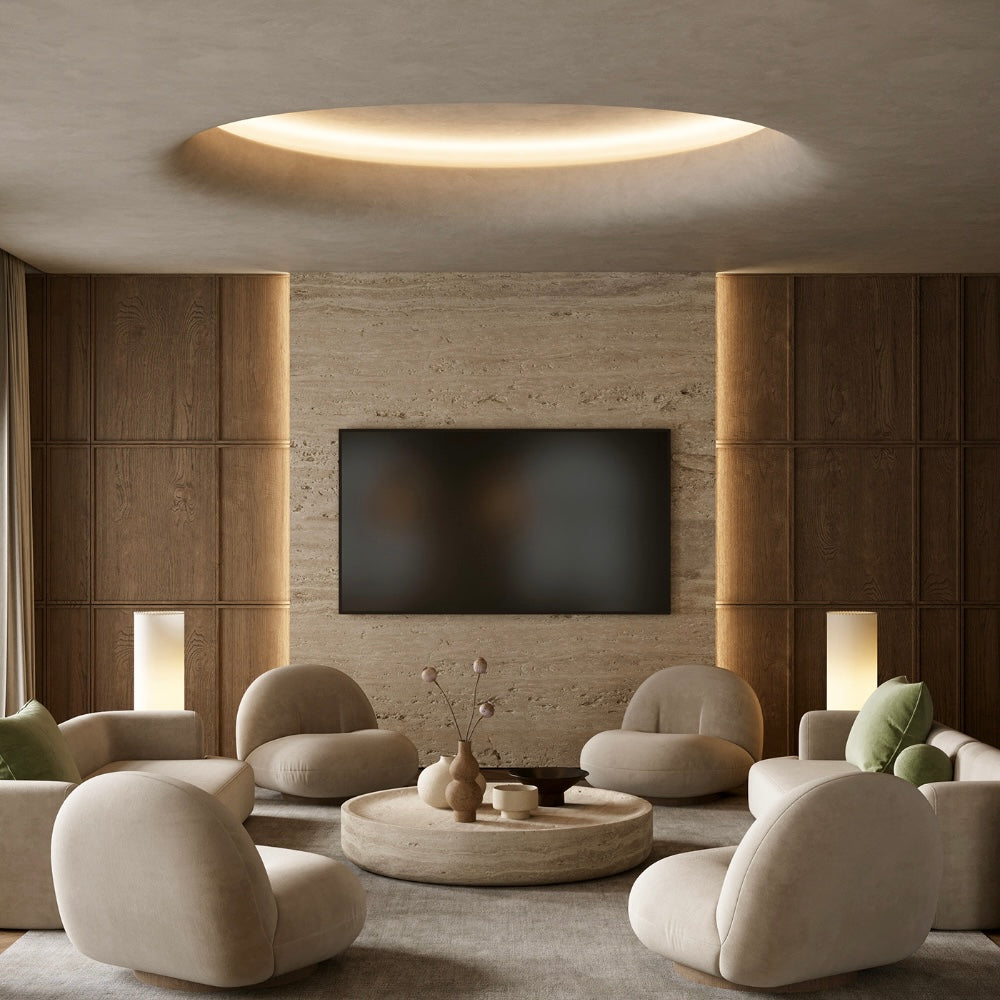 Soft Stone Linear Travertine wall panels used on a modern living room feature wall