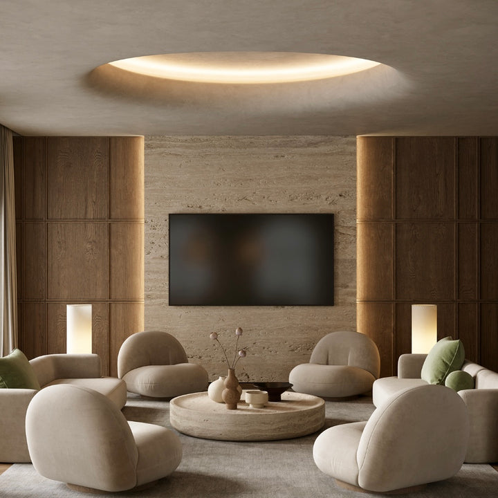 Soft Stone Linear Travertine wall panels used on a modern living room feature wall