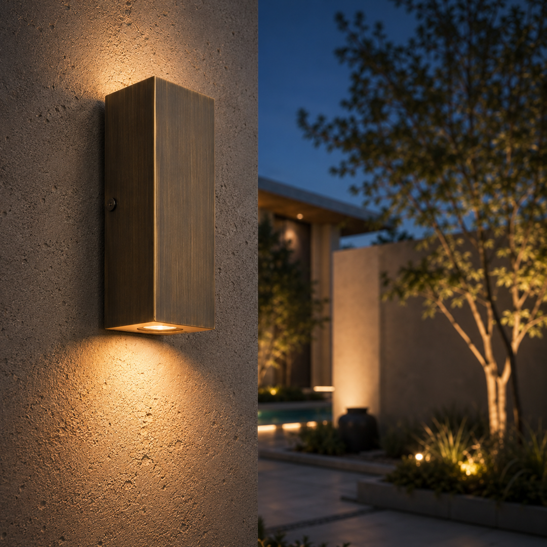 Solid brass bronze up down outdoor wall light installed on a contemporary architectural exterior wall, creating elegant facade lighting for luxury homes.