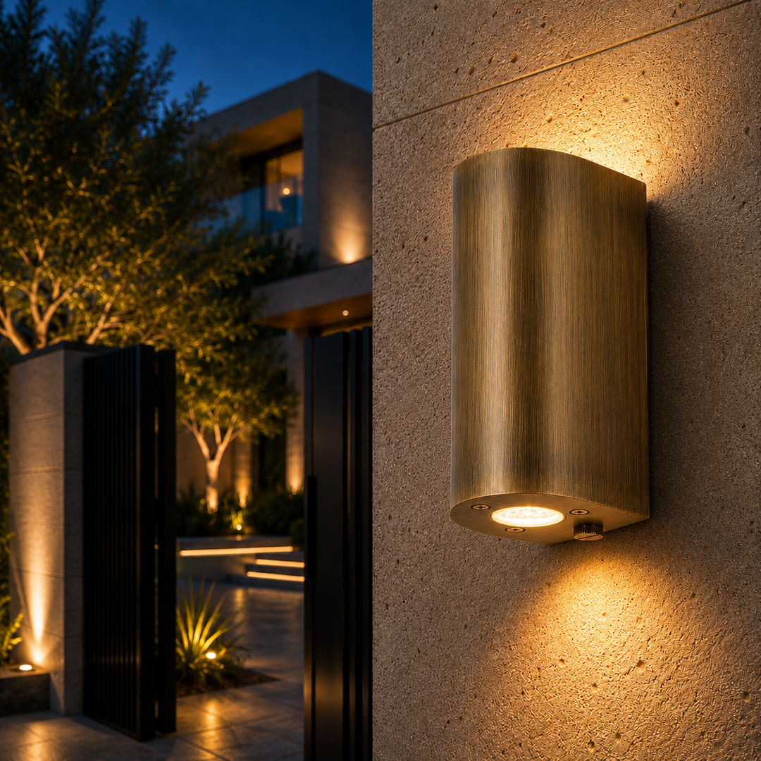 Premium solid brass cylinder up down wall light for luxury homes and commercial architecture. IP65 rated with Antique Brass, Bronze or Matte Black finishes.