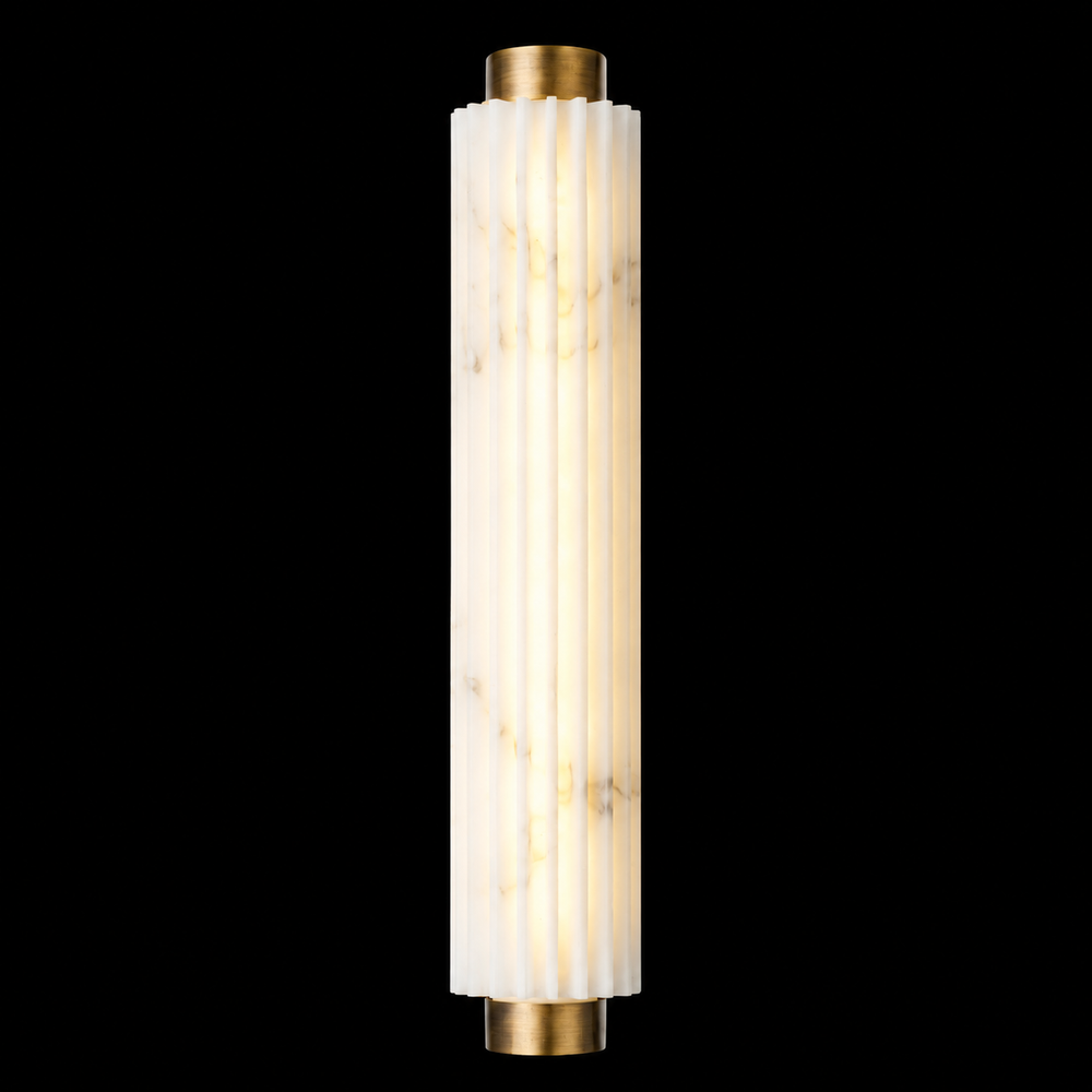 Solid brass faux alabaster outdoor wall light with fluted faux alabaster diffuser and antique brass end caps for luxury architectural exterior lighting.