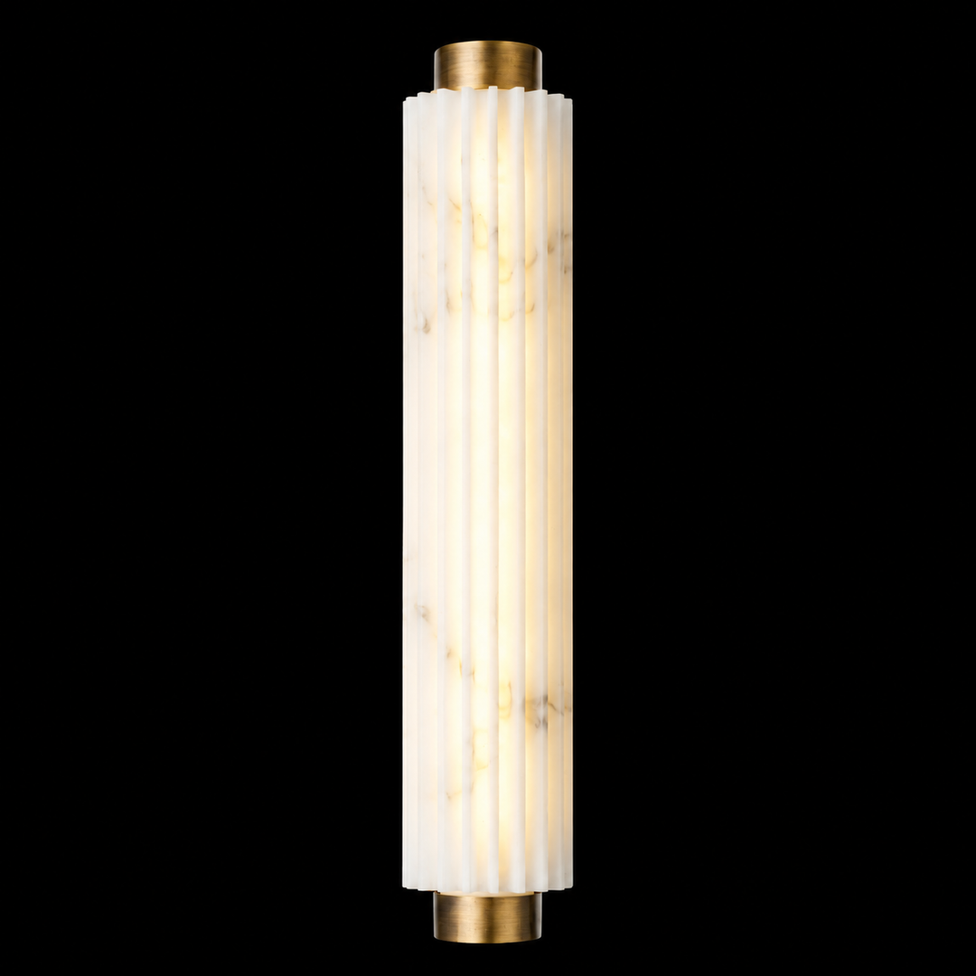 Solid brass faux alabaster outdoor wall light with fluted faux alabaster diffuser and antique brass end caps for luxury architectural exterior lighting.