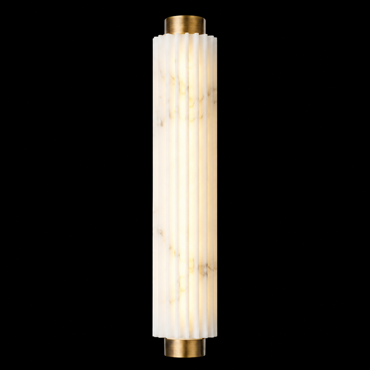 Solid brass faux alabaster outdoor wall light with fluted faux alabaster diffuser and antique brass end caps for luxury architectural exterior lighting.
