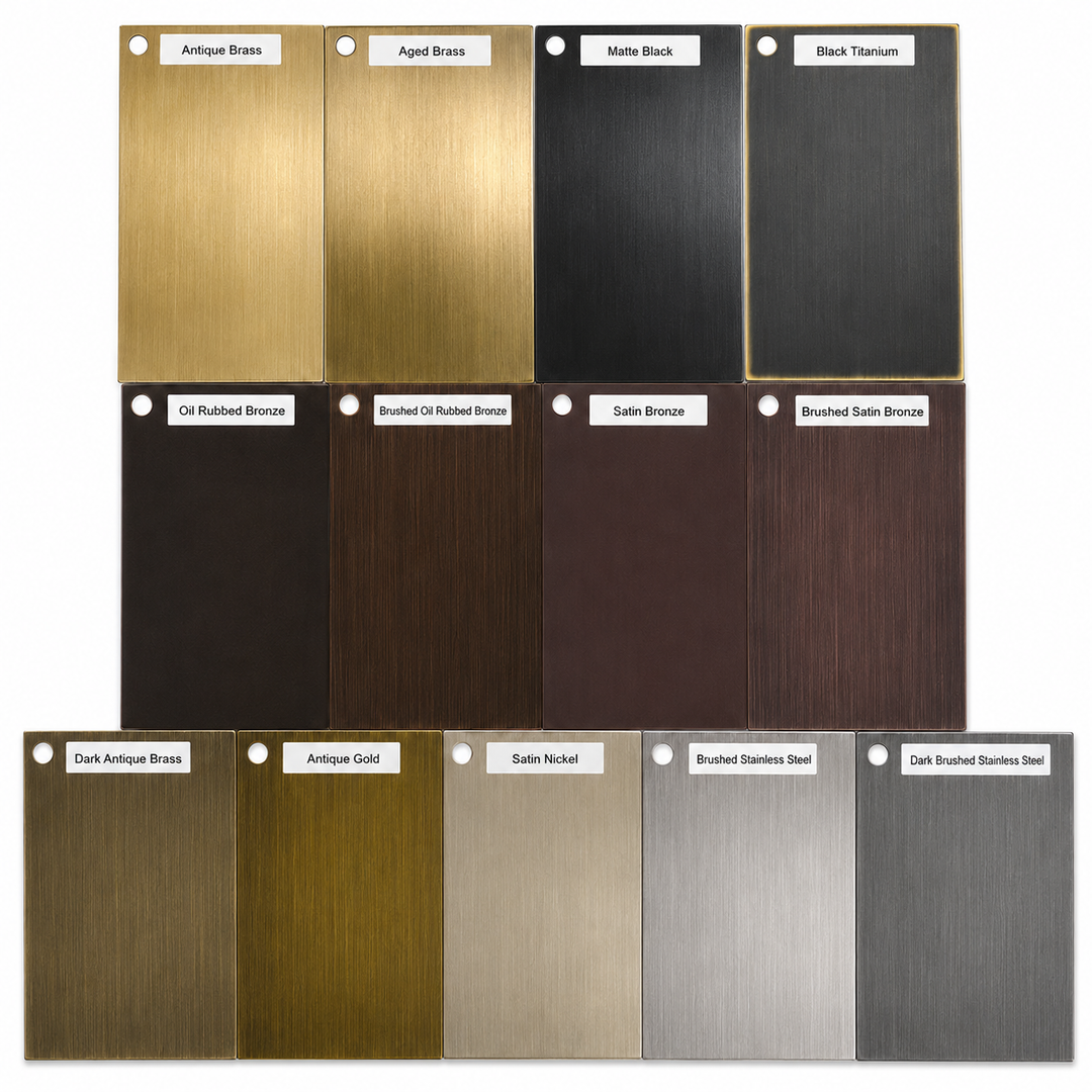 Solid brass outdoor wall light finish options including Bronze, Antique Brass, Blackened Brass, Matte Black, Raw Brass and custom architectural finishes.